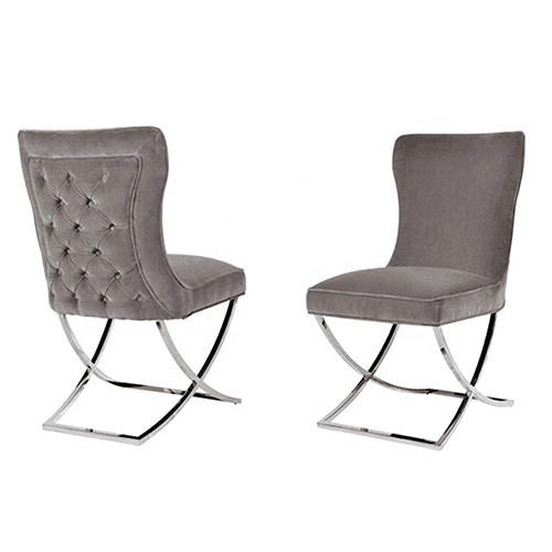 Paradise 2x Dining Chairs Grey Fabric Upholstery Beautiful Quilting Shiny Silver Colour Legs 