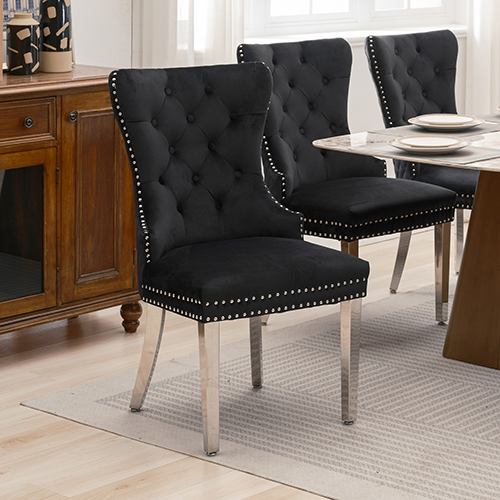 Victoria 2x Dining Chair Black Velvet Upholstery Button Studding Deep Quilting Wooden Frame Back with Lion Ring and Nail Stainless Steel Legs