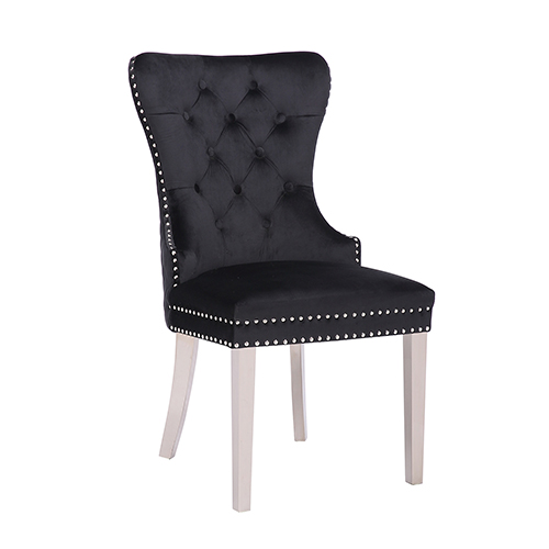 Victoria 2x Dining Chair Black Velvet Upholstery Button Studding Deep Quilting Wooden Frame Back with Lion Ring and Nail Stainless Steel Legs