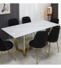 Danish Dining Table Snow White Table Top Sintered Stone Golden Base Stainless Steel Firm Support