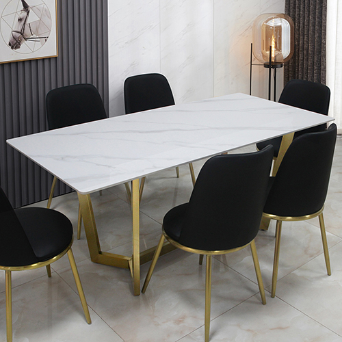 Danish Dining Table Snow White Table Top Sintered Stone Golden Base Stainless Steel Firm Support