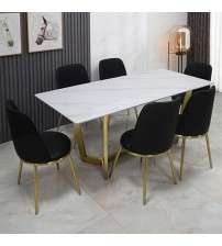 Danish 7pcs Dining Set White Table Top Sintered Stone Golden Base Stainless Steel Firm Support