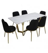 Danish 7pcs Dining Set White Table Top Sintered Stone Golden Base Stainless Steel Firm Support