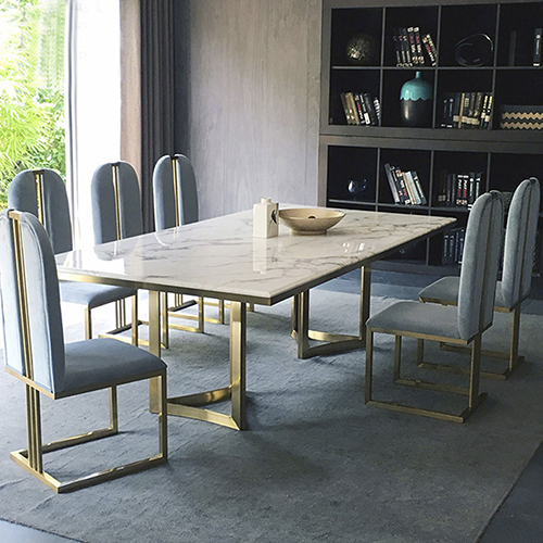 Fancy 7pcs Dining Set White Table Top Faux Marble Golden Steel Base