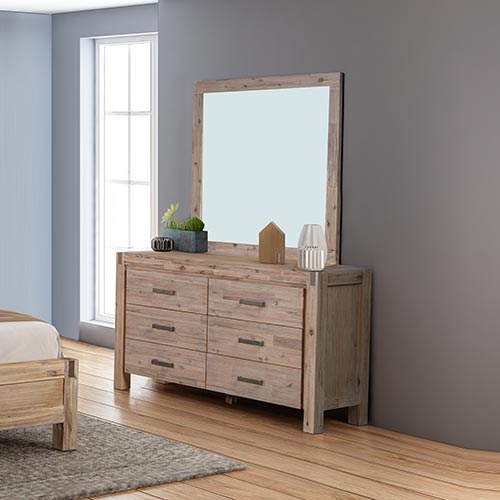 Java Solid and Veneered Acacia 6 Drawers Dressing Chest With Mirror