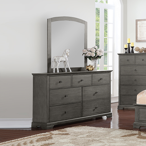 Marco Dresser with Mirror with 6 Storage Drawers in Solid Wood MDF Plywood Metal Handles in Wire Brush Grey Colour 