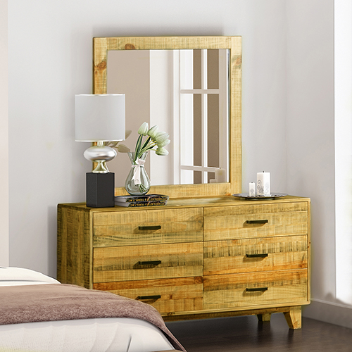 Woodstyle Dresser Solid Timber Light Brown 6 Drawers In Rustic Texture with Mirror