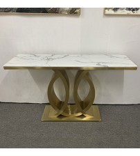 Stainless Electroplating Gold Brush Frame & White Faux Marble Top Shark Hall Table