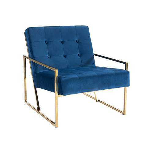 Carman Arm Chair Velvet Upholstery Blue Colour Wooden Frame High Density Foam Metal Base with Gold Paint