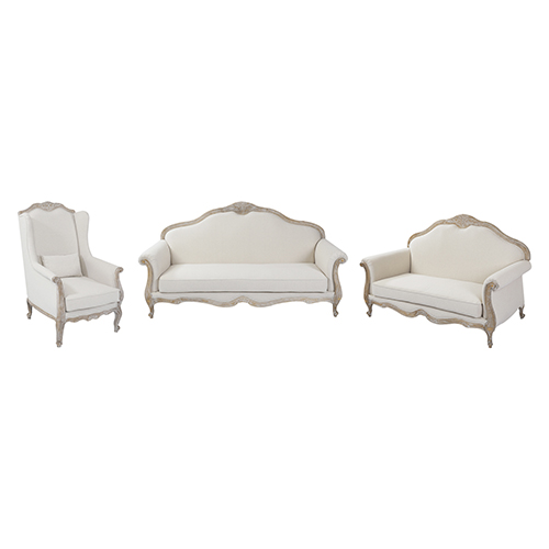 Lille 3+2+1 Seater Sofa Linen Fabric Oak Wood White Washed Finish Rolled Armrest