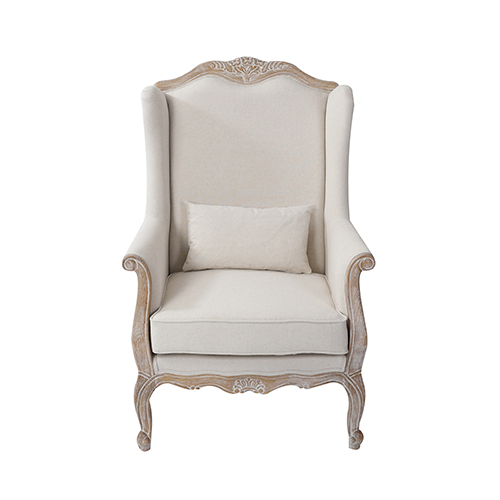 Lille Wing Chair Linen Fabric Oak Wood White Washed Finish Rolled Armrest
