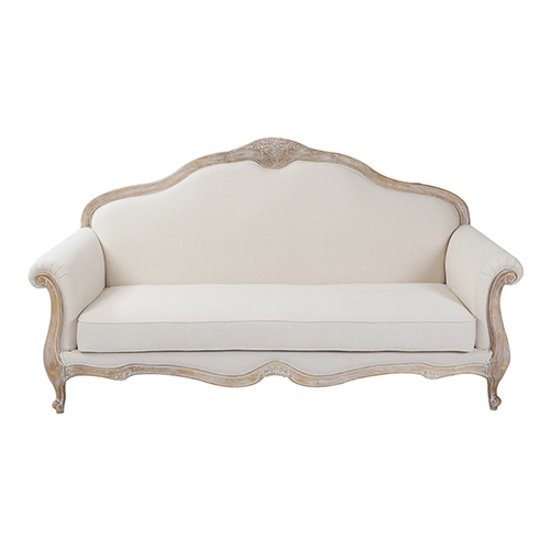 Lille 3 Seater Sofa Linen Fabric Oak Wood White Washed Finish Rolled Armrest