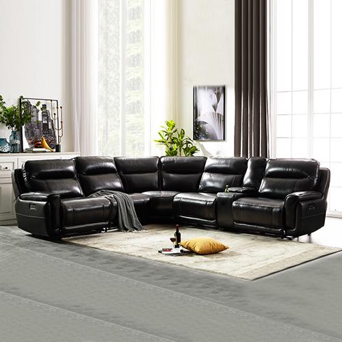 Lawson Genuine Black Leather 6 Seater Corner Sofa with 3 Electric Recliners and Drink Console
